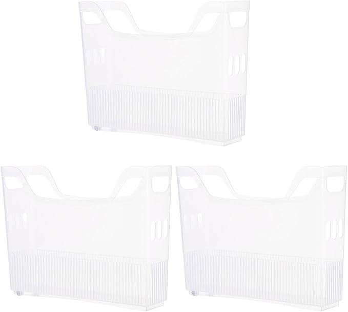 OMISTAR 3 Pcs Clear Plastic Pantry Storage Organizer Bins, 13.4 x 9.8 x 3.5 in Rolling Storage Baskets with Wheels and Handles, Stackable Freezer Organizer Bins for Kitchen, Office