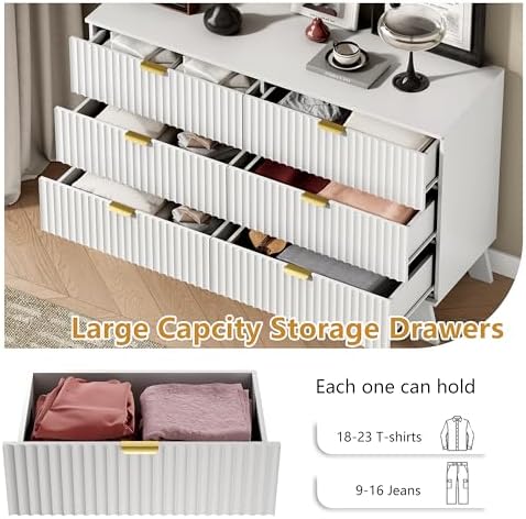 Wodeer 6 Drawer Fluted Dresser for Bedroom, Mid Century Modern Dresser with 6 Drawers, Dressers & Chests of Drawers with Metal Handle, TV Stand & Storage Organizer for Entryway, Hallway, White