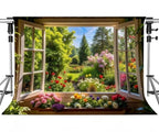 Spring Summer Garden Window Backdrop for Photography Floral Nature Landscape Photo Background Flowers and Trees Vibrant Flowers Party Decorations Banner Wedding Baby Shower Party Supplies 7x5ft - size: 7x5ft