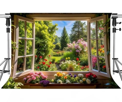 Spring Summer Garden Window Backdrop for Photography Floral Nature Landscape Photo Background Flowers and Trees Vibrant Flowers Party Decorations Banner Wedding Baby Shower Party Supplies 7x5ft - size: 7x5ft