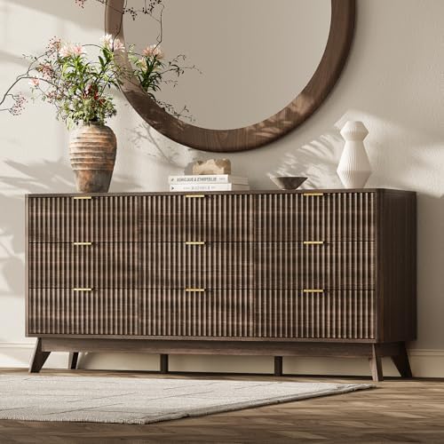 63" Wide Fluted 9 Drawers Dresser for Bedroom,Curved Edge,Walnut