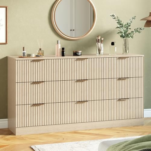 MALOL Fluted 9 Drawer Dresser for Bedroom, 59" Wide Wood Chest of Drawers with Metal Handle, Long Dresser Storage Organizer TV Stand for Closet, Living Room, Hallway, Natural Wood