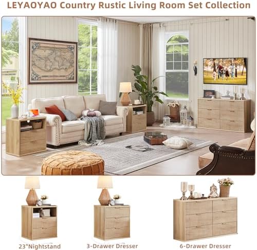 LEYAOYAO Fluted Nightstand with Charging Station, 23" Modern Night Stand with Woodgrain Top, 2 Drawers End Table w/Storage, Bedside Tables for Bedroom, Living Room, Curved Profile Design,Wood