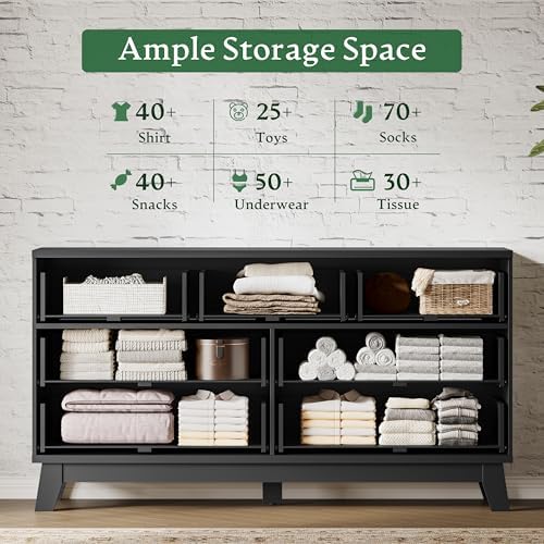Xixini Fluted Dresser with 7 Drawers, 58" Wide Wood Chest of Drawers with Metal Handle, Wooden Dresser TV Stand, Modern Closet Clothes Storage Organizer for Bedroom, Living Room, Hallway, Solid Black