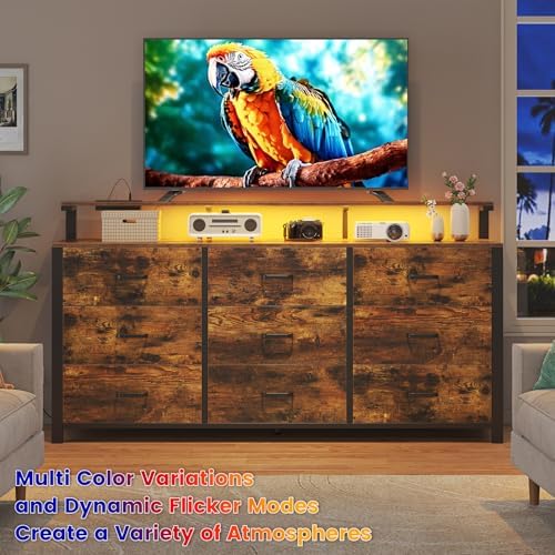 63'' Rustic Brown Dresser for Bedroom, 9 Drawer Dresser with Power Outlet and Led Lights, Bedroom Furniture with Wooden Drawer and Metal Frame, TV Stand with Deep Drawer Storage