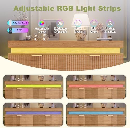 Fluted 6 Drawer Dresser LED Lights & Charging Station, Natural Oak
