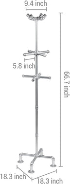 MyGift 5.5ft Freestanding Coat Rack with Silver Tone Industrial Metal Pipe Design and 12 Hooks, Entryway Organizer Stand for Hanging Coats, Hats, Purses