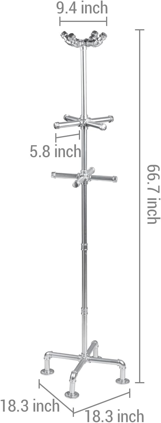 MyGift 5.5ft Freestanding Coat Rack with Silver Tone Industrial Metal Pipe Design and 12 Hooks, Entryway Organizer Stand for Hanging Coats, Hats, Purses