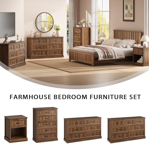 Farmhouse 7 Drawer Dresser for Bedroom, 55" Walnut Dresser with TV Stand