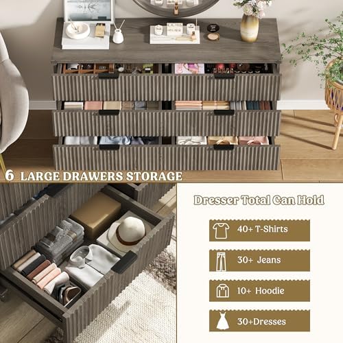 Wood Tall 6 Drawers Dresser, 53.2" W Fluted Modern Dressers for Bedroom