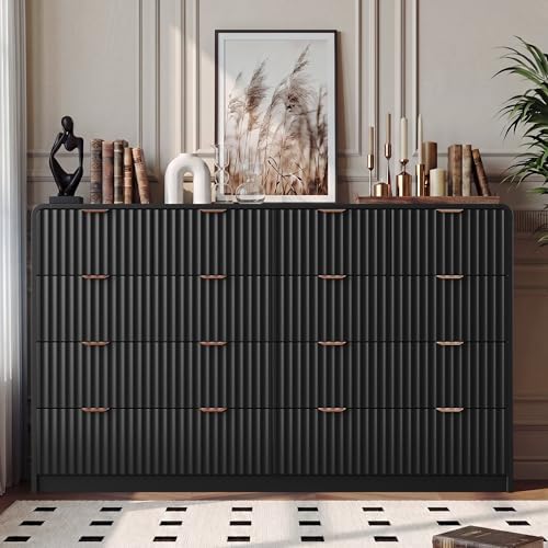 HOUROM 55“ Wide Black Fluted Dresser for Bedroom with 10 Drawers