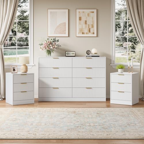 3 Pcs White 8 Drawer Dresser & 3-Drawer Nightstand Set丨Tall Fluted Dresser and Night Stand Set of 2 with Metal Handle, Modern Wood Chest of Drawers Storage Dressers Set for Bedroom