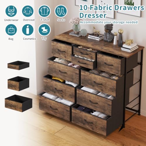 LUMTOK 10 Drawers Dresser with Fabric Bins for Bedroom,Closets，Rustic Brown