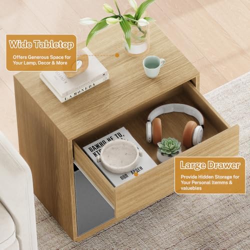 TEENFON Nightstands Set of 2, Night Stand with Drawer and Open Shelf, Nightstands Bedside Table with Removable Fabric Drawer, Night Stands for Bedroom, Small Space, Natural