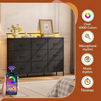 WLIVE Black Dresser TV Stand 9 Drawers, Fabric Chest of Drawers LED Lights