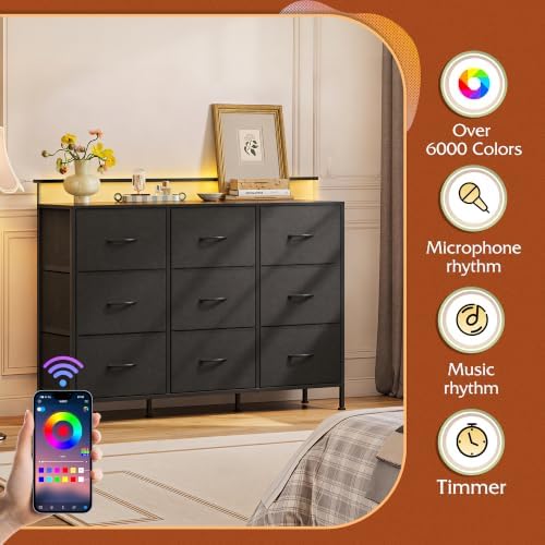 WLIVE Black Dresser TV Stand 9 Drawers, Fabric Chest of Drawers LED Lights