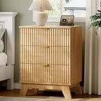 Xixini Fluted Nightstand with Charging Station, Tall Bedside Table, Oak