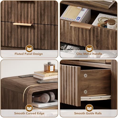 Decofy Fluted 2-Drawer Nightstand with Charging Station, Walnut