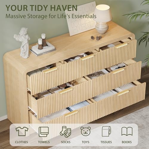 Decofy 55" W Fluted 7-Drawer Dresser for Bedroom, Natural Oak