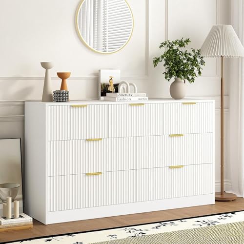7 Drawer Fluted Dresser with Deep Drawers for Bedroom, White丨55 Wide Mid Century Dresser, Modern Chest of Drawers, Wood TV Stand Storage Organizer for Closet, Living Room, Hallway