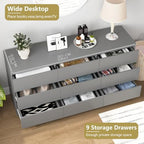 Grey 9 Drawer Dresser for Bedroom,Modern Long Dresser with Deep Drawers,Wide Storage Chest of Drawer,Wood Bedroom Storage Organizer Drawers forBedroom