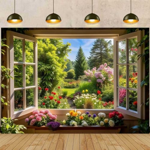 Spring Summer Garden Window Backdrop for Photography Floral Nature Landscape Photo Background Flowers and Trees Vibrant Flowers Party Decorations Banner Wedding Baby Shower Party Supplies 7x5ft - size: 7x5ft