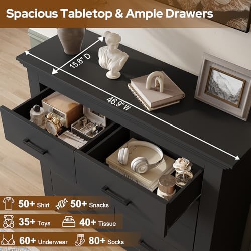 8 Drawer Dresser for Bedroom, Wood Dresser Chests of Drawers with Metal Handle, Double Wide Dressers, Vintage Design Storage Chest Cabinet and Organizer Drawers for Closet, Hallway, Entryway, Black