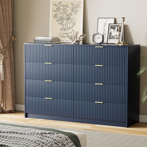 Furniway Navy Blue Dresser for Bedroom, Modern Dresser with 8 Drawers and Smooth Slides, Wide Chest of Drawers with Golden Handles for Bedroom, Closet, 15.7" D x 55" W x 37.4" H
