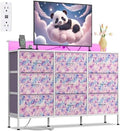 WLIVE Dresser TV Stand 9 Drawers, Fabric Chest LED Lights, Tie-dye