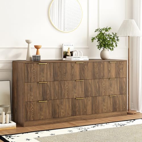 9 Drawer Fluted Dresser for Bedroom with Deep Drawers, Walnut丨63 Wide Wood Dresser, Large Chest of Drawers, Modern Long TV Stand, Storage Cabinet Side Table for Living Room, Hallway