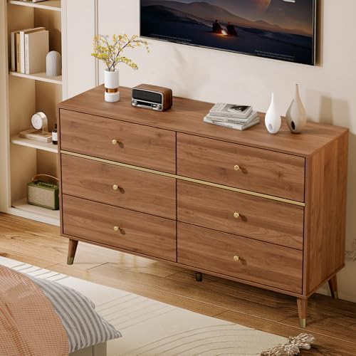 Chrangmay 6 Drawer Dresser,47" Wide Mid Century Chest of Drawers,Wooden Bedroom Drawer Dresser with 6 Storage Drawers for Bedroom,Living Room,with Anti-Tipping Device,Walnut.HT