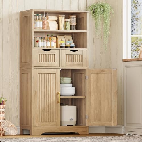 Iwell Tall Storage Cabinet, Fluted Cabinet with 2 Drawers & Adjustable Shelf, Bathroom Storage Cabinet, Kitchen Pantry Storage Cabinet, for Living Room, Dining Room, Home Office, Natural Oak