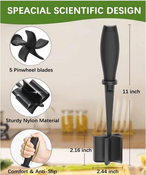 Meat Masher for Ground Beef and Vegies, Heat-Resistant, Hamburger Masher Grinder Tool, Non-Stick, Dishwasher Safe, BPA-Free, Food Grade, Black Color