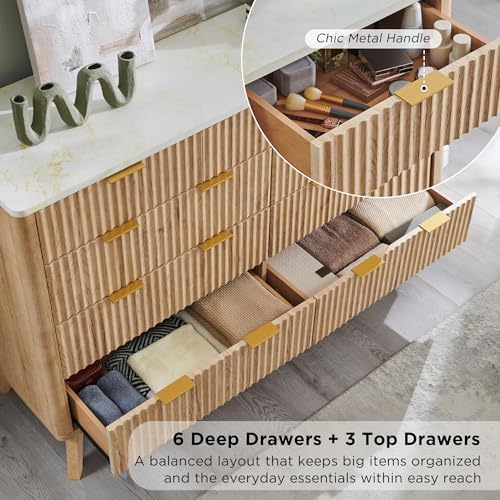 T4TREAM 54" Wide Fluted 9 Drawer Dresser for Bedroom, Natural Oak