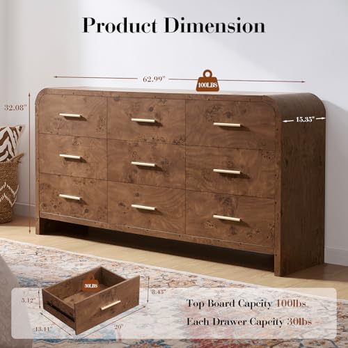 Curved Drawer Dresser for Bedroom with 9 Drawers, 63'' Wide Chest of Drawer