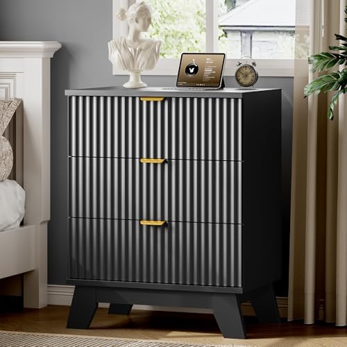 Xixini Fluted Nightstand with Charging Station, Tall Bedside Table, Black
