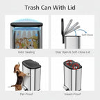 Garvee Stainless Steel Trash Can, 50 L/13 gal Hands Free Garbage Can with Soft Close Lid and Foot Pedal, Metal Kitchen Waste Bin with Inner Bucket for Living Room, Office, D Shape, Silver