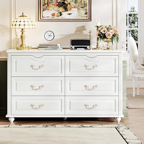 Chrangmay Modern 6 Drawers Dresser Chests for Bedroom,TV Stand,47.2 Wide Chest of Drawers with Handle,Clothes Organizer,Large Storage Cabinet for Living Room,Hallway,with Anti-Tipping Device,Cream