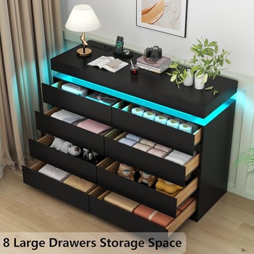 Gyfimoie 8 Drawer Dresser with Power Outlet, Modern Dresser with LED Light