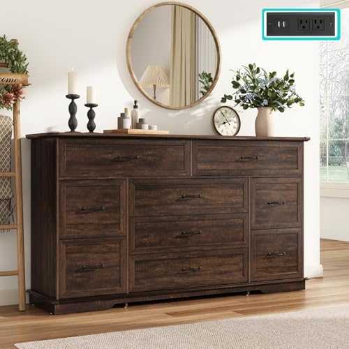jiteentarou Farmhouse 9 Drawer Dresser for Bedroom,63” Wood Dresser & Chest of Drawers with Power Outlets,Large & Wide Dressers for Bedroom,Tall Storage Dresser Organizer(Rustic Brown)