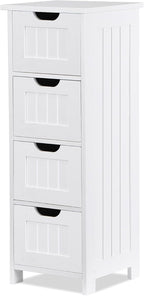 Bathroom Floor Storage Cabinet, Freestanding Wooden Side Organizer w/4 Drawers & Anti-Tip Kit for Bathroom Living Room Hallway Office Study, White