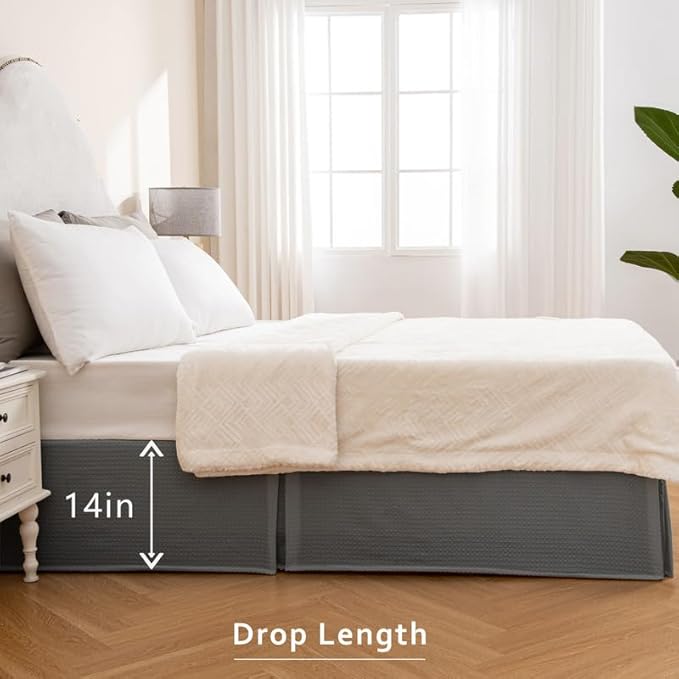 MIYE Pleated Waffle Weave Bed Skirt, Tailored Dust Ruffle 14 Inch Drop Easy Fit, Machine Washable (Dark Grey, Full - 14" Drop)