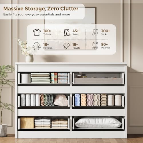 Jocoevol 6 Drawer Fluted Dresser, Modern Chest of Drawers for Bedroom with Hidden Handles, Wood Storage Organizer Cabinet for Living Room & Entryway, White (15.7" D x 47.3" W x 31.6" H)