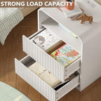 BORNOON Dresser with 2 Drawers and Charging Station, Fluted Bedside Table with Round Curved Corner, Hidden Handles, 2 AC Outlets and 2 USB Ports, Modern Wood End Table with Open Shelf for Bedroom