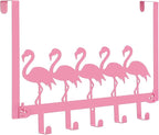 AceOrbit Pink Flamingos Over the Door Hooks Hanger Wall Mount Towel Hanger Door Holder Organizer 5 Hooks Farmhouse Rustic Kawaii Decor for Bedroom Bathroom Towel Hat Clothes