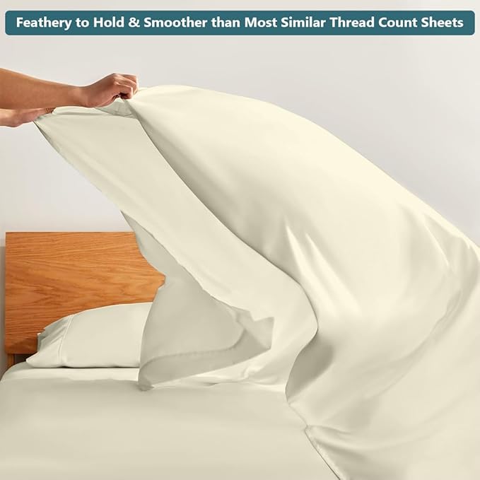 Full Size Bed Sheets Set - Luxury 338 Thread Count 100% Egyptian Cotton Sateen, Cooling Sheets, Deep Pockets with All Around Elastic for a, Hotel Quality Bedding Set (Ivory Solid)