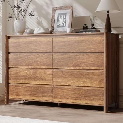 CHUWELL 55" Wide Walnut 8 Drawer Dresser for Bedroom with Solid Wood Legs
