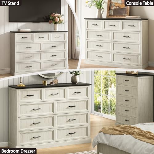 Farmhouse 9 Drawer Dresser for Bedroom, 55" White Dresser with TV Stand