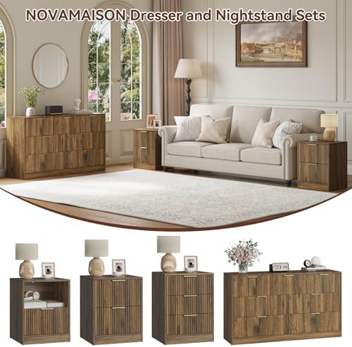 7 Drawer Dresser & 2-Drawer Nightstand Set 3-Piece, Walnut丨55 Wide Bedroom Set Night Stand Set of 2 with Metal Handle, Fluted Wood Chest of Drawers Storage Dressers Set for Bedroom