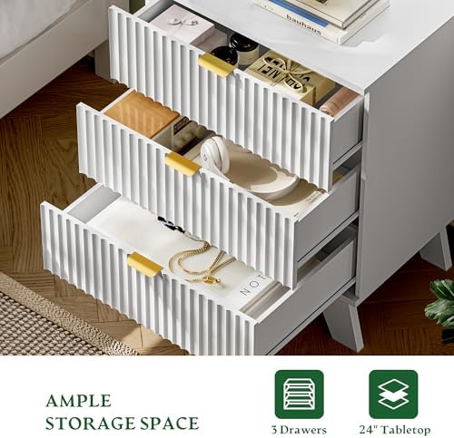 Xixini Fluted Nightstand with Charging Station, Tall Bedside Table, White